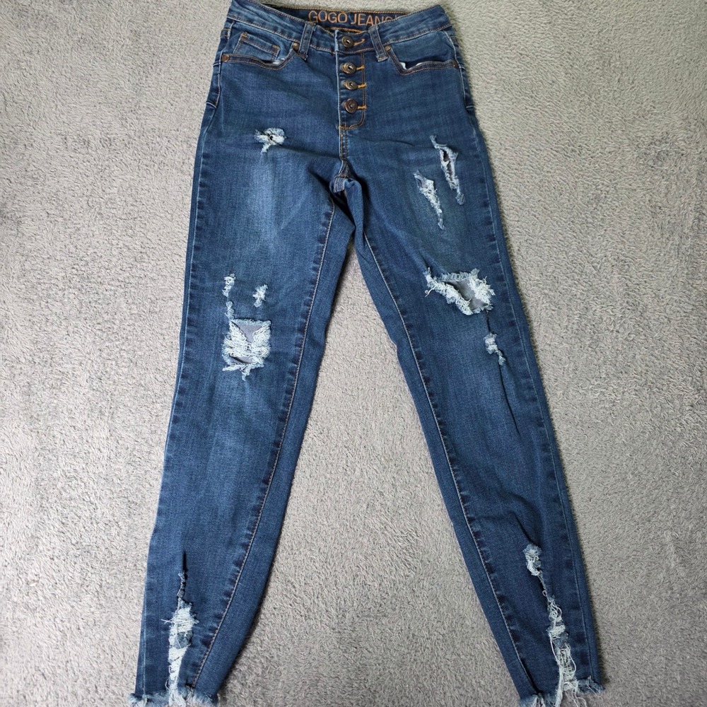Gogo Jeans Womens 1/25 Skinny Ankle Jeans Dark Wash Distressed Button Fly